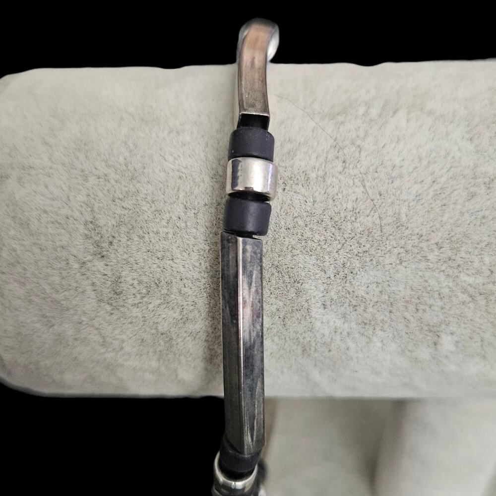 Men's Stainless Steel Black Rubber Cable Bracelet Adjustable Industrial Style